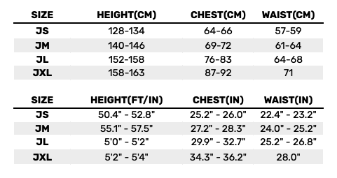 2026 Gill Junior Tops 0 Size Chart